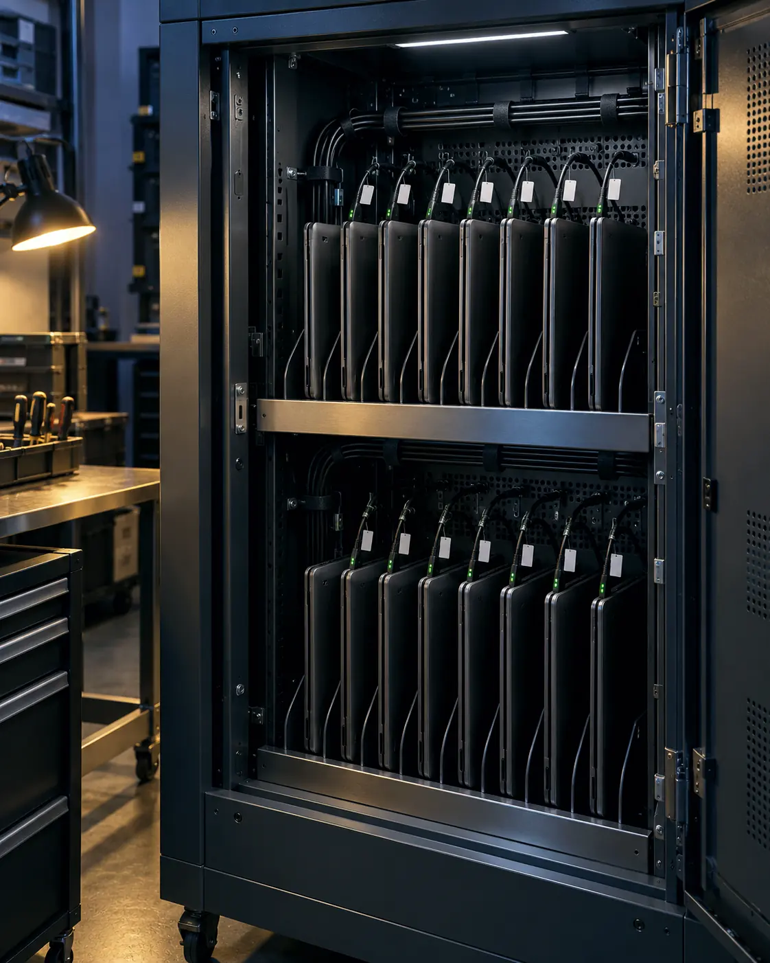 A steel charging cabinet with a row of managed laptops