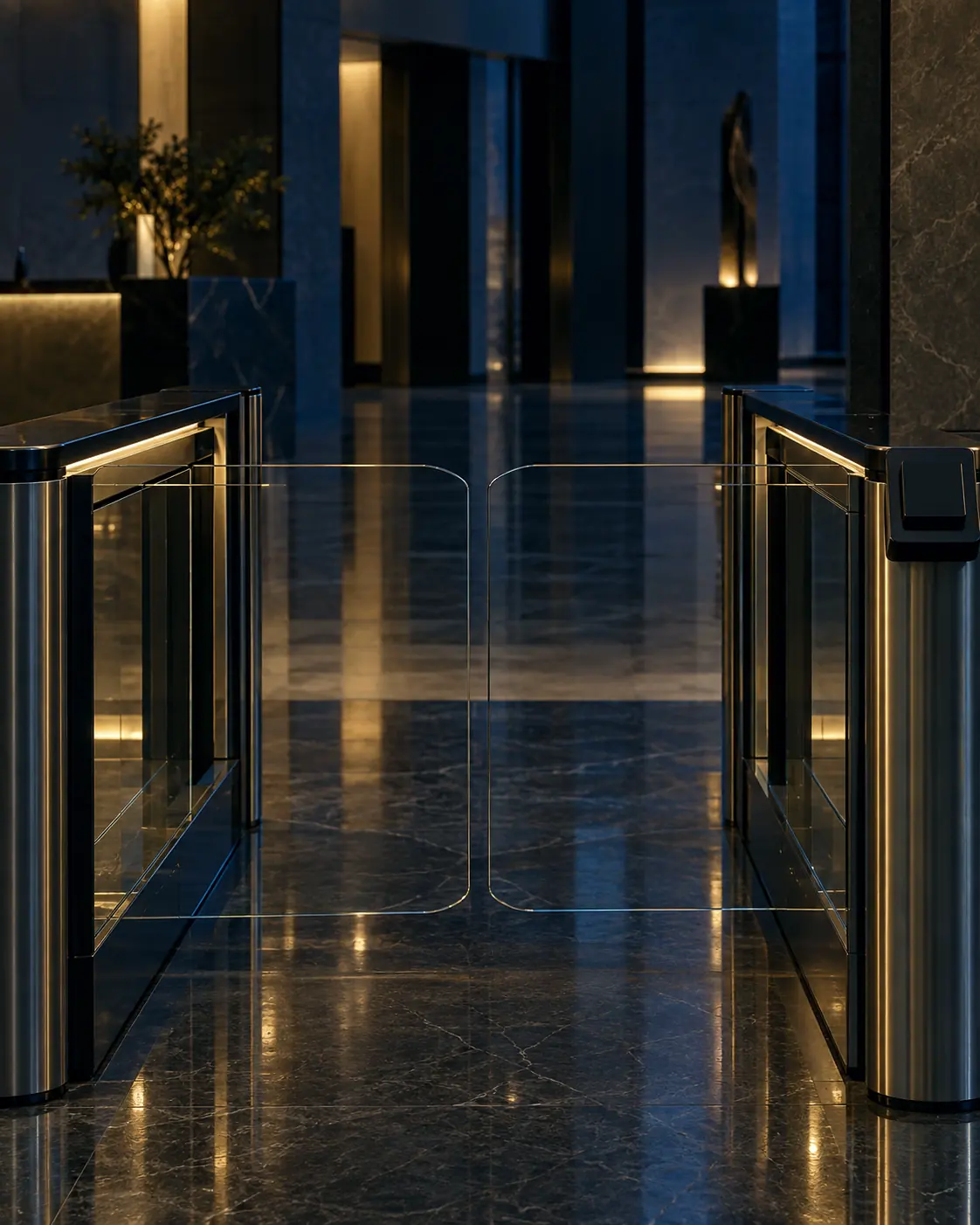 Glass security gates in a bank lobby at night