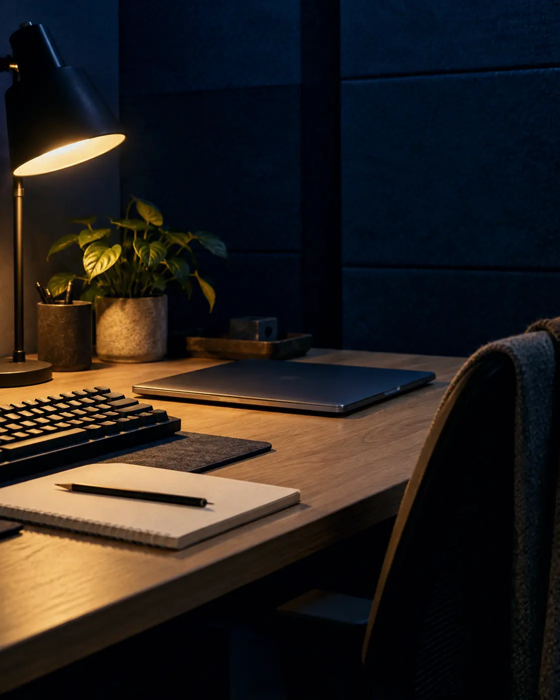 An oak desk at night with a closed laptop, keyboard and notebook under a desk lamp